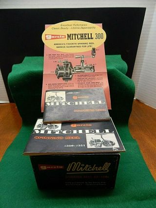 Vintage Mitchel 300 Spinning Reel Box,  Instructions And Ad Card