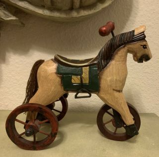 Rare Vintage Wooden Rolling Horse On 3 Wheels With Handles