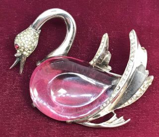 Large Rare Trifari Alfred Philippe Sterling Lucite Jelly Belly Swimming Swan Pin