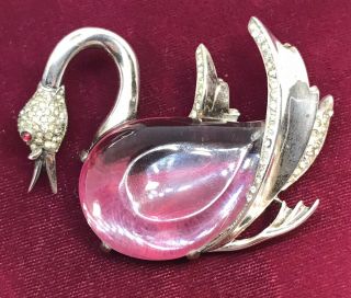 Large Rare TRIFARI Alfred Philippe Sterling Lucite JELLY BELLY Swimming Swan Pin 2