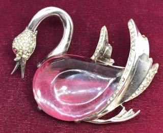 Large Rare TRIFARI Alfred Philippe Sterling Lucite JELLY BELLY Swimming Swan Pin 3