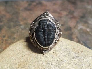 Rare Vintage Hand Crafted Sterling Ring W/ Fossil Stone 6.  5