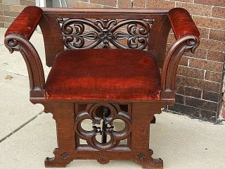 Victorian Antique Rare Neo Gothic Wood Carved Church Altar Throne Chair