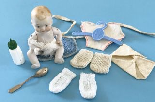 Vintage Bisque Baby Doll With Clothes & Accessories Booties Bottle Bib Spoon