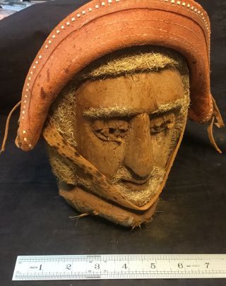 Antique Folk Art Carved Coconut Head - Don Quixote Man W/ Leather Hat