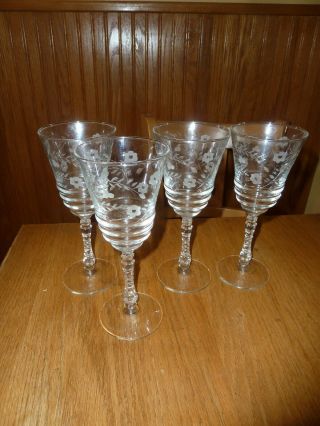 Antique Set 4 Etched Glass Crystal Floral & Leaf Wine Glasses - Tall Stems