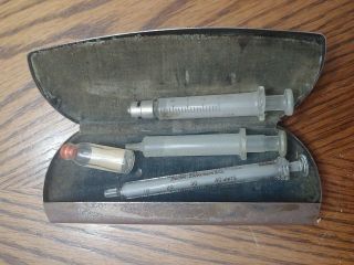 Antique Medical Glass Syringes With Metal Containers