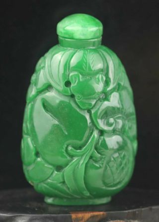 Old China Natural Green Jade Hand - Carved Statue Of Bat And Flower Snuff Bottle