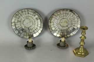 Rare Pair Early 19th C American Tin Mirrored Candle Sconces Great Old Surface