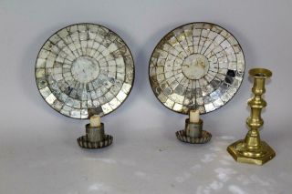 RARE PAIR EARLY 19TH C AMERICAN TIN MIRRORED CANDLE SCONCES GREAT OLD SURFACE 2
