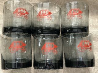 Set Of 6 Vtg Low Ball Bar Glasses Grey Glass And Red Stagecoach,  Western Barware