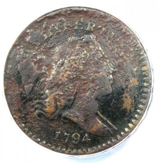 1794 Liberty Cap Flowing Hair Half Cent 1/2c - Anacs Vf20 Detail - Rare Coin