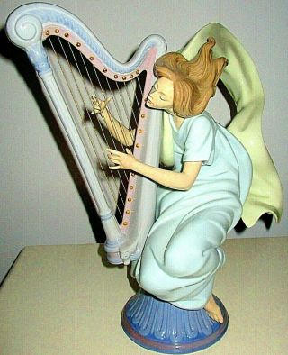 Lladro Rare 6312 " Harp Playing Girl " 13 1/2 " High X 12 " Wide