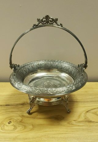 Vtg Possibly Antique Quadruple Plate Floral Footed Compote Bowl W/ Handle Derby