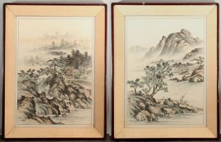 Pr Large Antique Artist Signed Chinese Landscape Watercolor Paintings On Silk