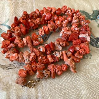 Antique Natural Coral Branches Necklace Long Wide Bead Strand Gold Clasp 75g