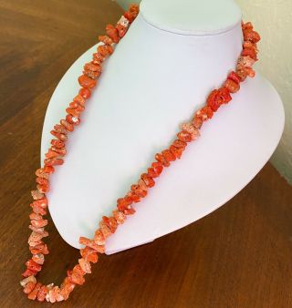 Antique Natural Coral Branches Necklace Long Wide Bead Strand Gold Clasp 75g 2