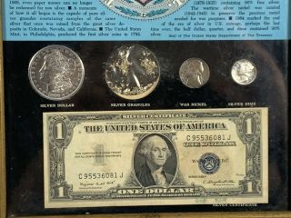 ✅rare 1 Dollar Silver Bill With Silver Coins And The Silver Story Frame✅