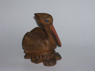 Vintage Carved Wood Pelican Artist Signed Sculpture Figurine