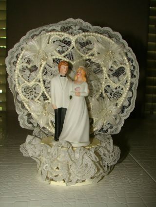 Vintage Ceramic Blonde Bride & Groom Wedding Cake Topper 9.  5” Tall