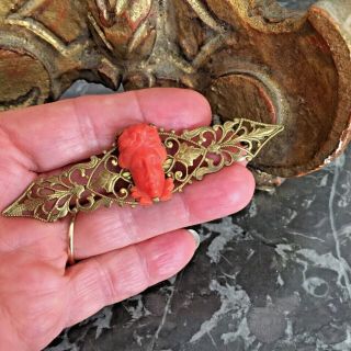 Antique Victorian Art Nouveau Faux Coral Carved Lady Head Pin Brooch C Clasp