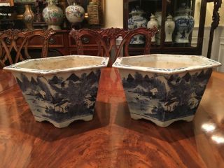 A Pair Rare Chinese 19th C Blue And White Octagonal Porcelain Planters.