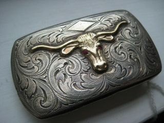 CHARLIE SAMPLE Sterling 10K LONGHORN with RUBY EYES Buckle - RARE & HARD TO FIND 2