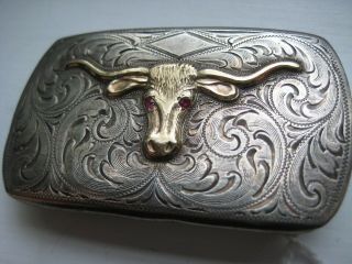 CHARLIE SAMPLE Sterling 10K LONGHORN with RUBY EYES Buckle - RARE & HARD TO FIND 3
