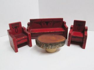 Doll House Vintage Wood Furniture Sofa Chairs Coffee Table Livingroom Study