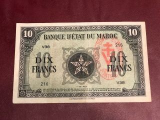 Morocco Maroc Bank Note 10 Franc 1943 Pick 25 French Rare Red Overprint