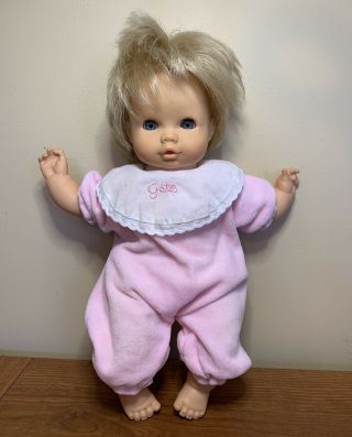 Gotz Puppe Vinyl Baby Doll Blonde Hair Soft Body Sleep Eyes 13” Pink Clothes