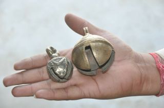 2 Pc Old Brass Handcrafted Unique Big & Small Cow Bells,  Rich Patina