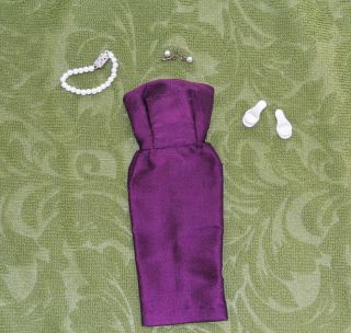 Vintage Barbie Clone Purple Sheath Dress,  Wendy Elite Pearl Jewelry Earrings,