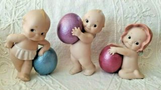 Set Of 3 Vintage 1996 Enesco Kewpie Baby Bisque Porcelain Easter Egg Figurines