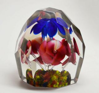 Antique Bohemian Czech Faceted Art Glass Paperweight Floral Violets