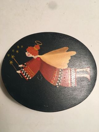 Hand - Painted Shaker Style Oval Wood Box Flying Angel With Stars Signed