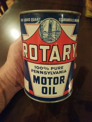 Rare Rotary 100 Pure Pennsylvania Motor Oil One Quart Oil Can Southern Oil Co.