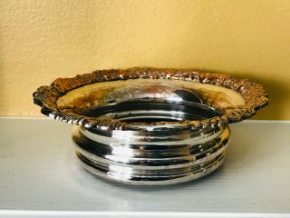 Antique Floral Silver Plate Wine Or Champagne Coaster With Wood Bottom,