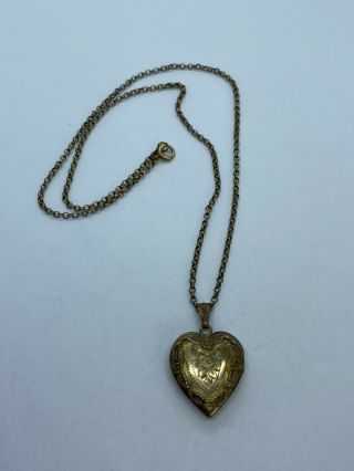 Victorian 12k Gold Filled Intricate Heart Locket Pendant W/ Chain Necklace