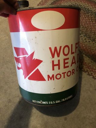 Vintage Wolfs Head Motor Oil Five 5 Gallon Can Older Antique Rare Auto Handle