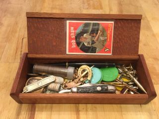 Vintage Antique Junk Drawer Knives,  Currency,  Fountain Pens,  Baseball Coins,  Oak Box