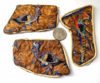 3 Antique Embroidered Bird Patches Silk And Gold Thread