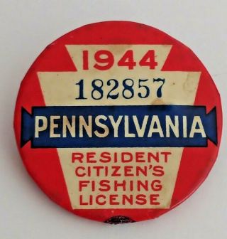 Vintage 1944 Pa Pennsylvania Resident Fishing License Button Pin Ww2 Era
