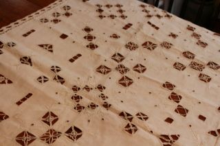 Antique Beige Linen Tablecloth Cut Work Crochet Embroidery 44x46