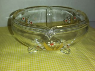 Vintage Footed Candy Trinket Dish Clear Glass With Hand Painting And Gold Trim