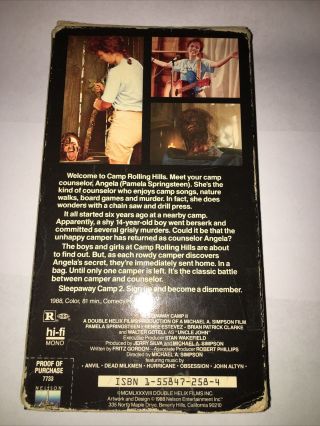 Sleepaway Camp 2 Unhappy Campers Rare VHS Horror 1988 Nelson Entertainment 2