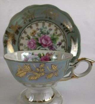 Lm Royal Halsey Footed Tea Cup / Saucer Iridescent Teal Pink Gold Roses