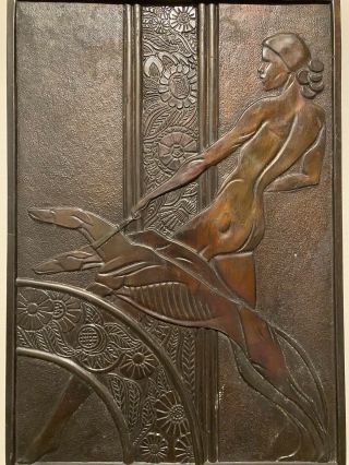Rare Antique Art Deco Bronze Wall Plaque Nude Woman W/ Greyhounds Merit Chicago