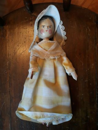 Antique German Vintage Wood Penny Peg Doll Carved Hand Painted With Outfit