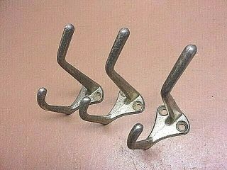 3 Vintage Brass Coat Hat Wall Mount Double Hooks Art Deco Looking Smooth Patina
